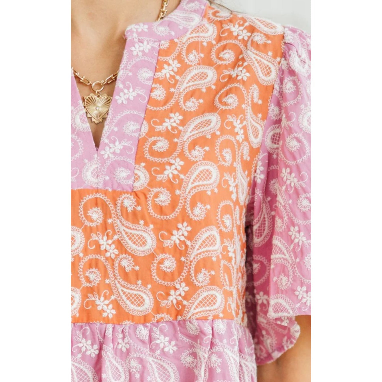 Voy Paisley Colorblock Boho Cotton Tiered Dress~V-Neck/Puff Sleeves~SMALL