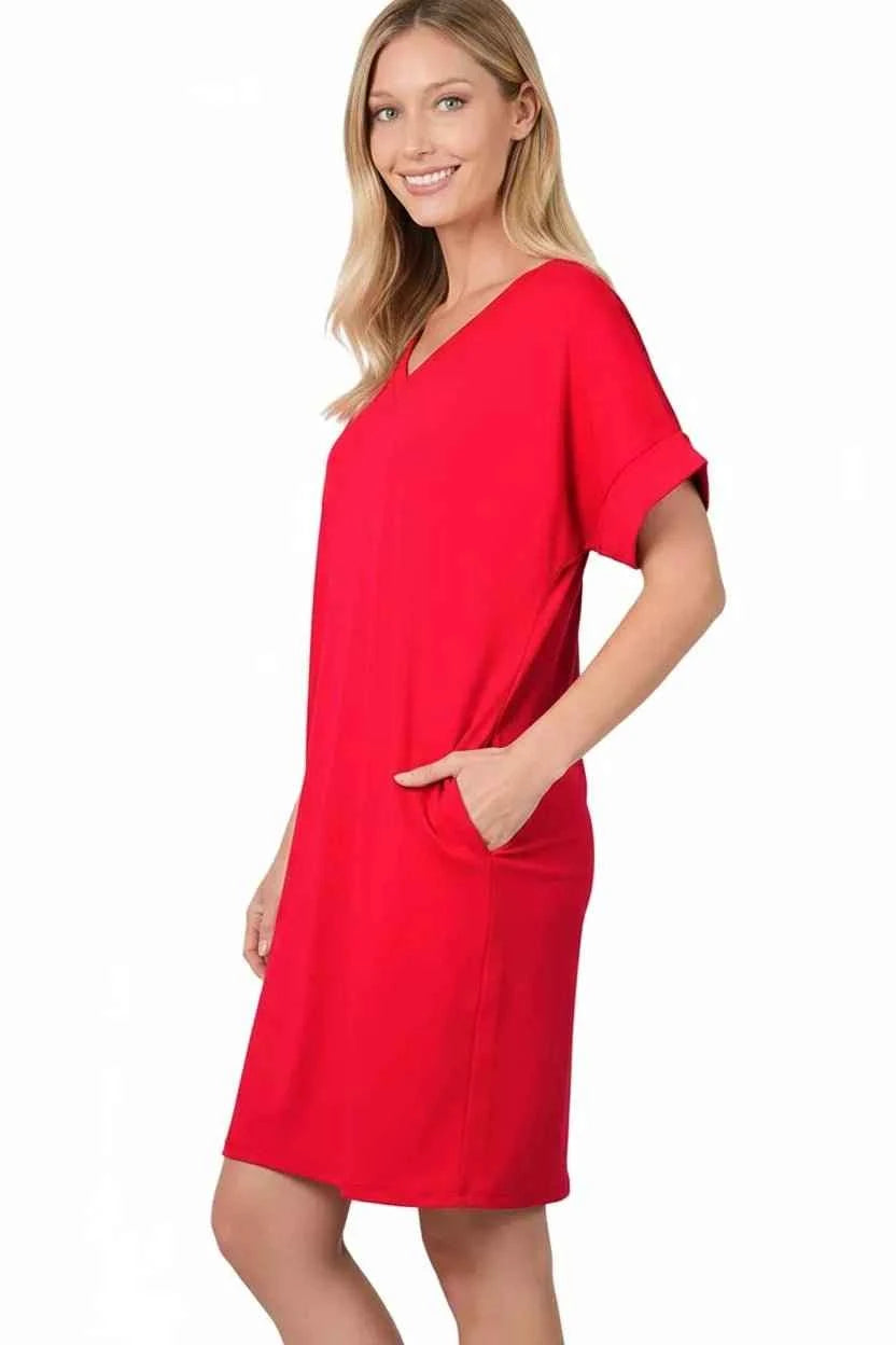 Red Brushed Dty Rolled Short Sleeve V-Neck Dress by Zenana