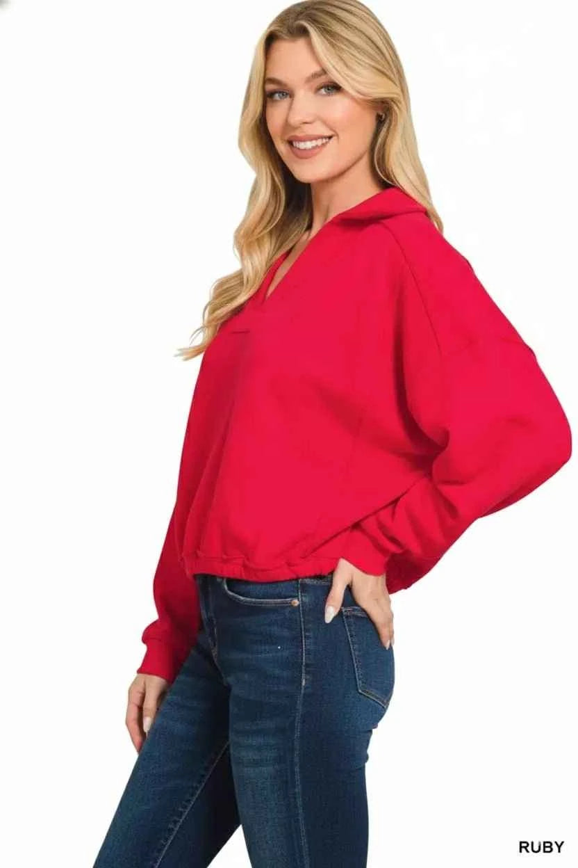 Red French Terry Collared Exposed Seam Sweatshirt