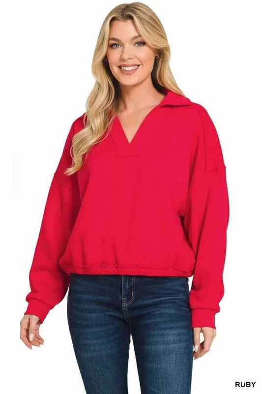 Red French Terry Collared Exposed Seam Sweatshirt