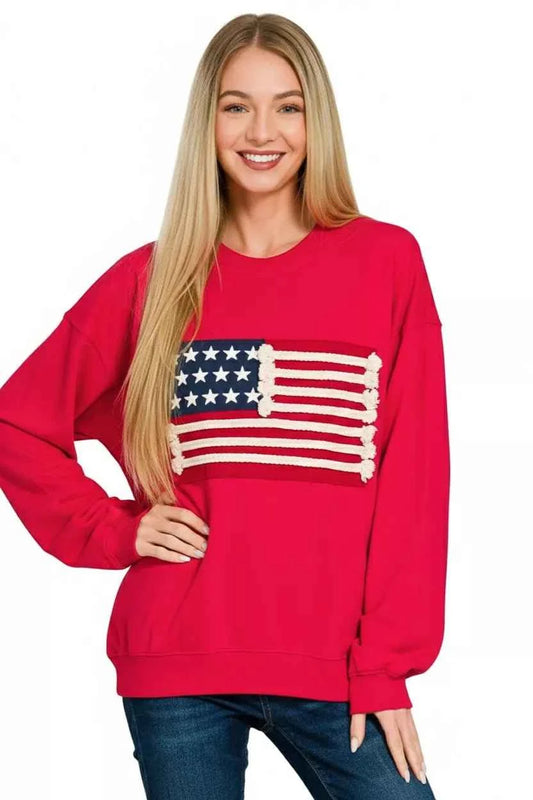 Ruby Red French Terry American Flag Pullover by Zenana