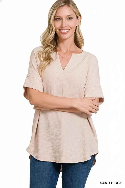 Sand Beige Woven Airflow Split Neck Short Sleeve Top