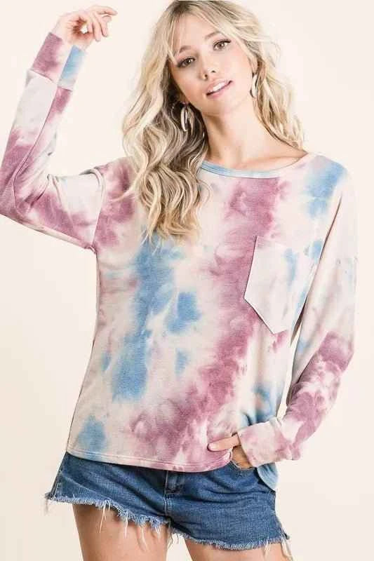 Tie Dye Print Terry Top With Front Patch Pocket Lavender/Blue by BiBi