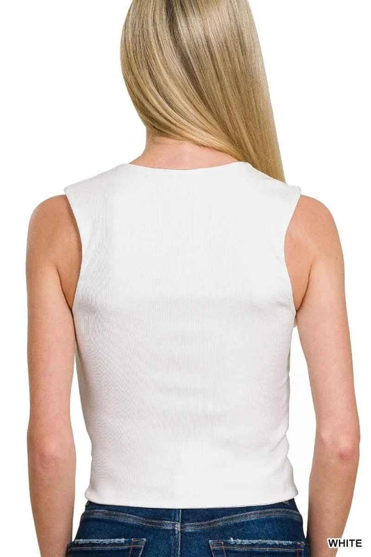 White Ribbed Seamless Double Layered Square Neck Tank by Zenana