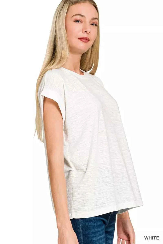 White Slub Cuffed Sleeve Tee by Zenana