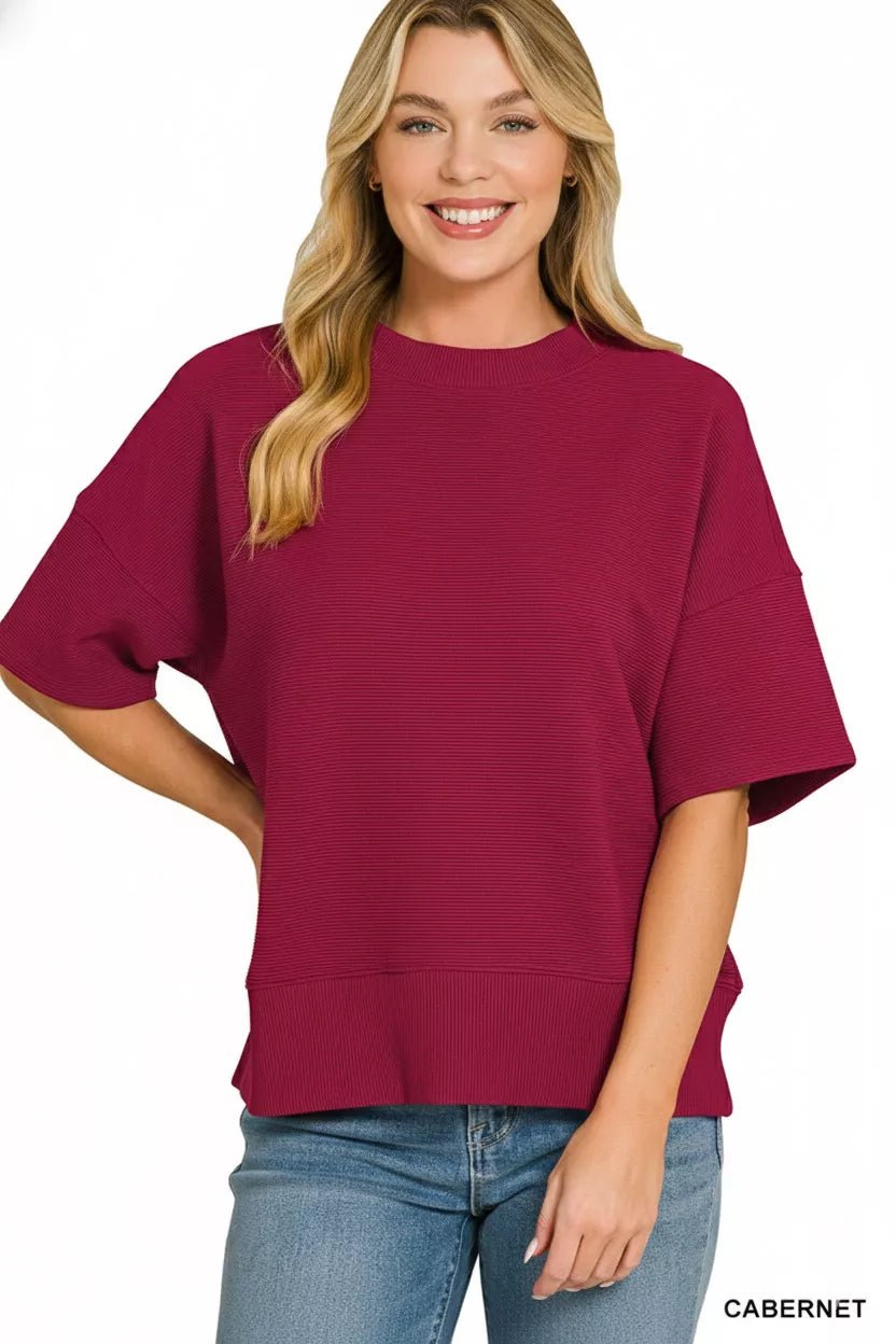 Women's Cabernet Ribbed Round Neck Waist Banded T-Shirt by Zenana - What Lala Loves