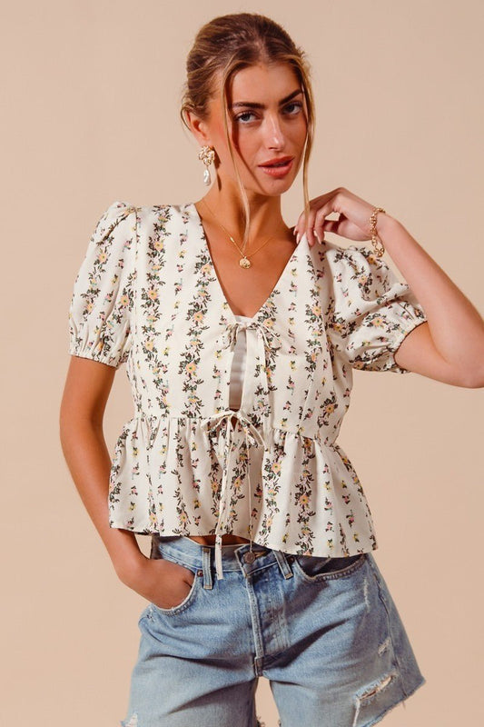 Women's Ivory Floral Print Tie Front Shirred Hem Blouse By So Me - What Lala Loves