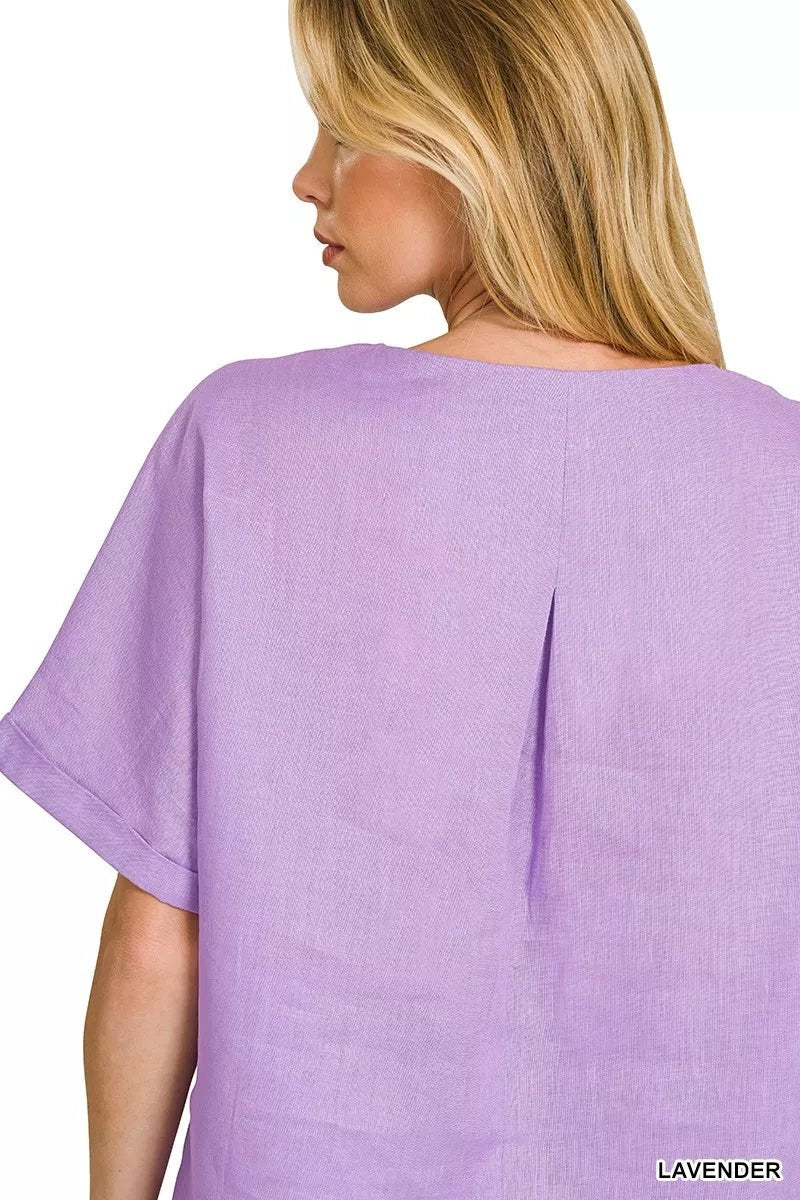 Women's Lavender 100% Linen Round Neck Cuffed Sleeve Top By Zenana - What Lala Loves