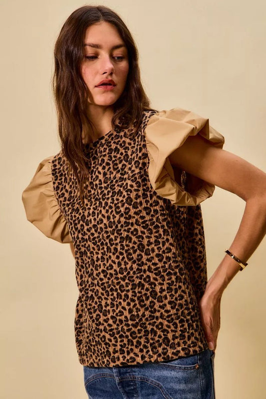 Women's Leopard Print Pointelle Knit Top with Puff Sleeves by So Me - What Lala Loves