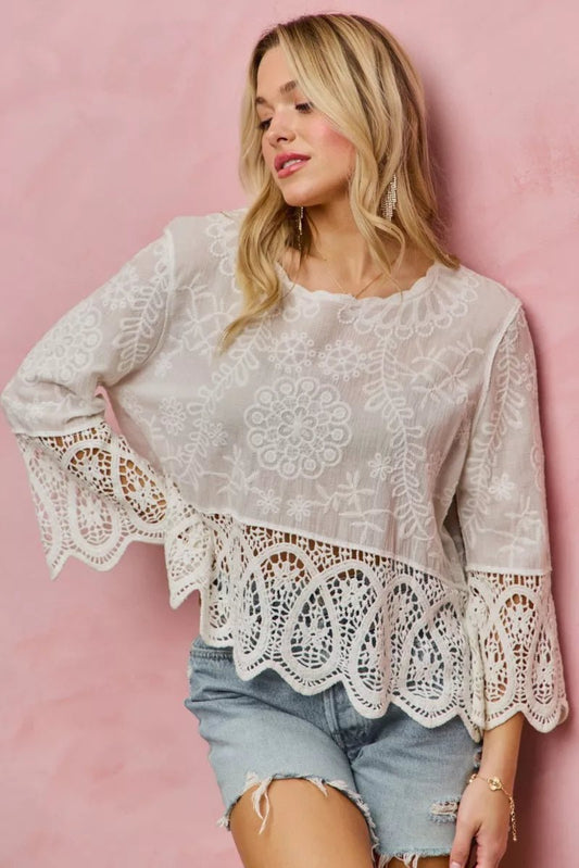 Women's Off White Floral Embroidered Crochet Lace Trimmed Top by So Me - What Lala Loves