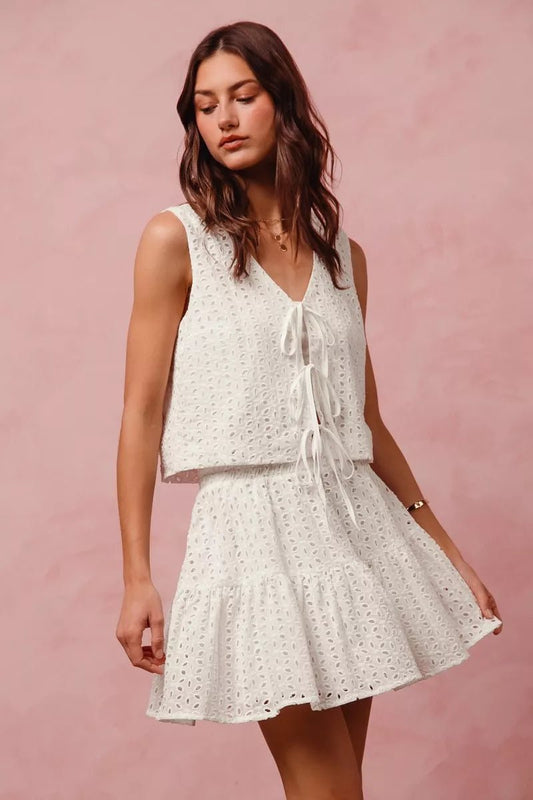 Women's Off White Floral Eyelet Lace Tie Front Vest Top and Tiered Mini Skirt Set By So Me - What Lala Loves