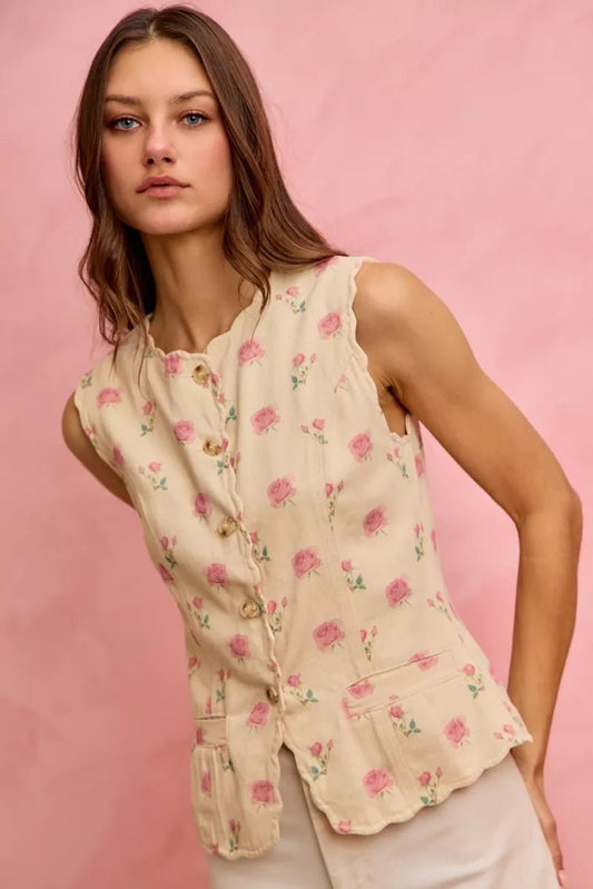 Women's Pink Floral Rose Pattern Cotton Twill Scallop Button Vest Top by So Me - What Lala Loves