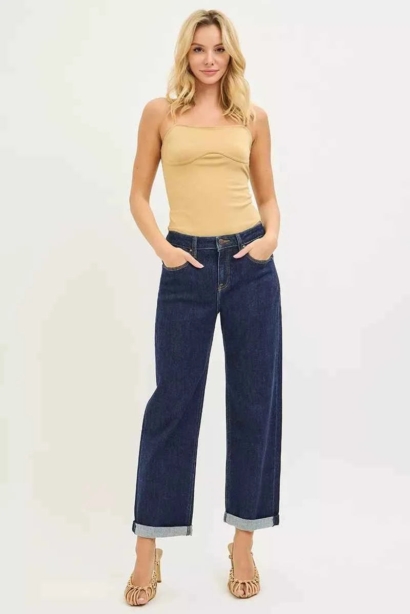 Solid Dark Wash Slouchy Cropped Boyfriend Jeans with Cuffed Hem by Risen