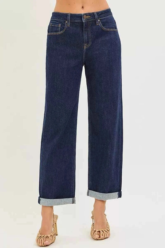 Solid Dark Wash Slouchy Cropped Boyfriend Jeans with Cuffed Hem by Risen