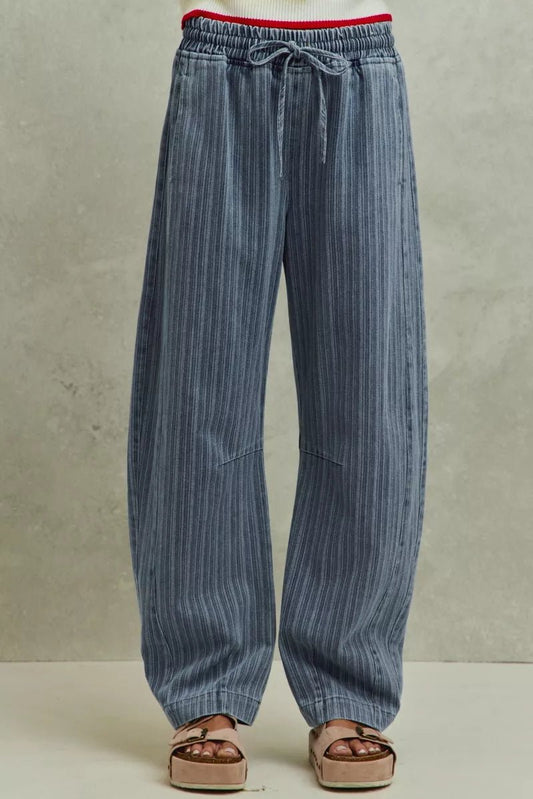 Women's Stripe Denim Barrel Jeans Drawstring Waistband by So Me - What Lala Loves