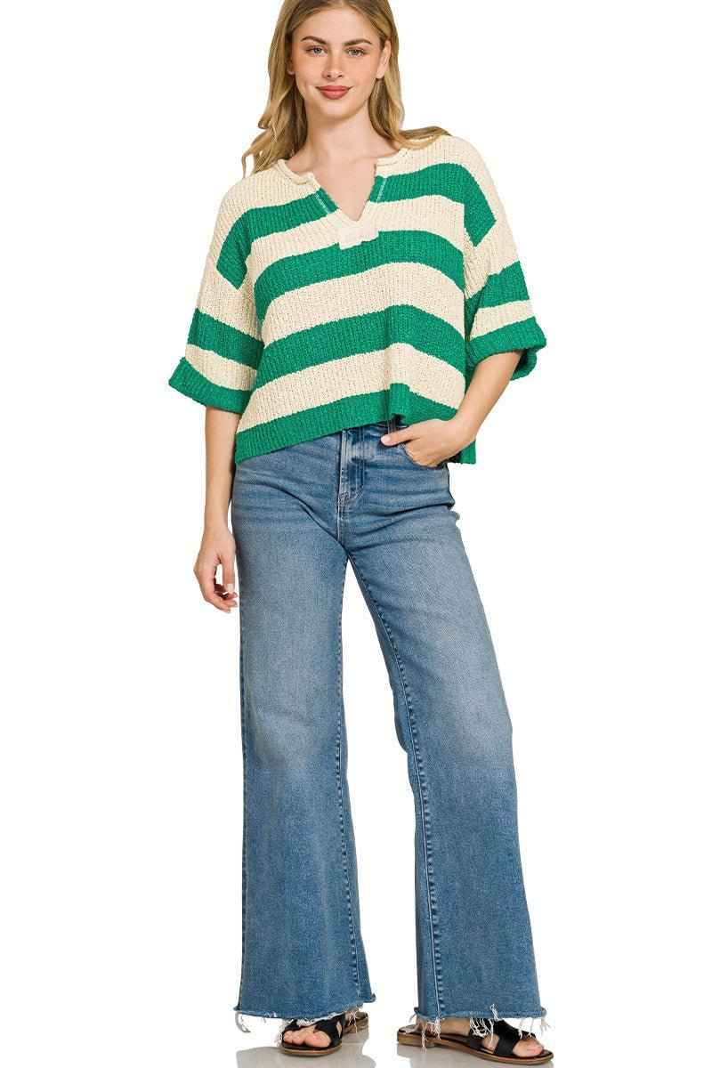 Zenana Split Neck Stripe 3/4 Sleeve Sweater