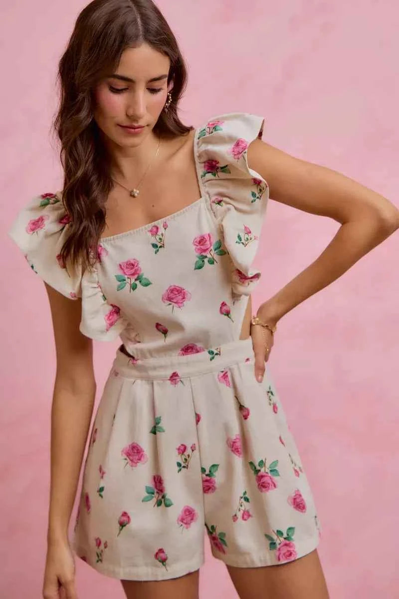 SO ME Floral Print Denim Cut Out Waist Ruffled Romper