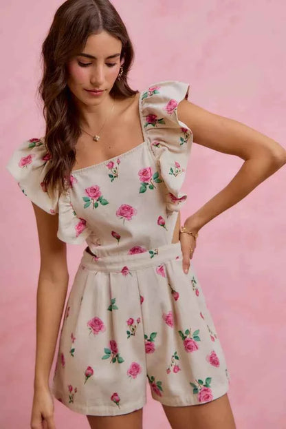 SO ME Floral Print Denim Cut Out Waist Ruffled Romper