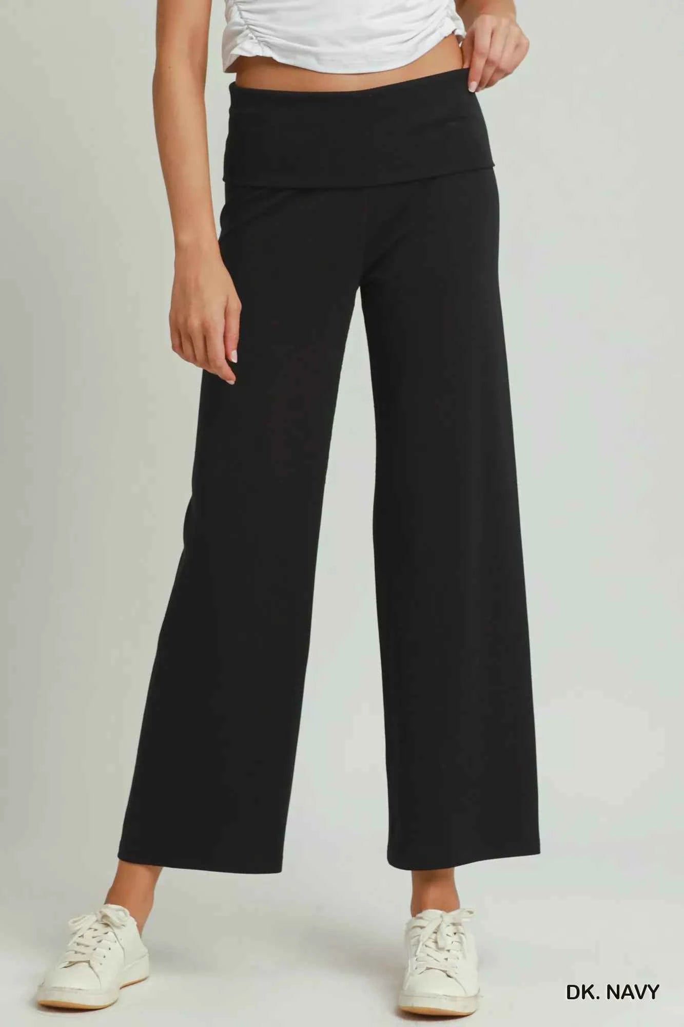 Umgee Cotton Viscose Folded Waistband Straight Leg Pants