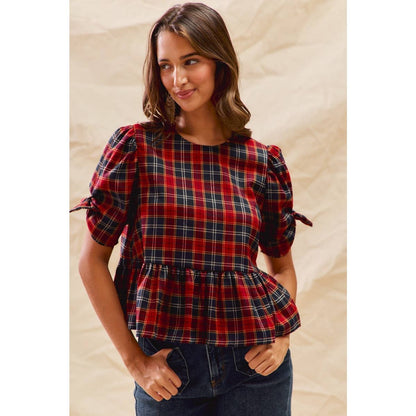 Red/Navy Christmas Holiday Plaid Ribbon Short Sleeve Peplum Top by So Me