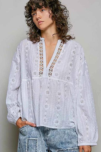 POL Lace Eyelet Long Sleeve Cotton Blouse