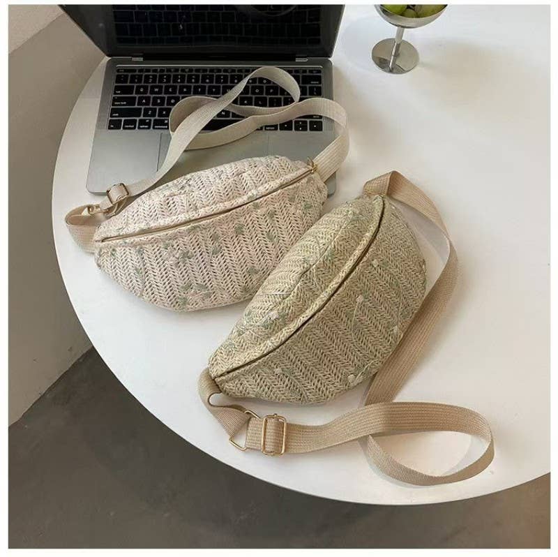 RAFFIA STRAW WAIST FANNY PACK CROSSBODY BELT BAG | 40P559: TAN
