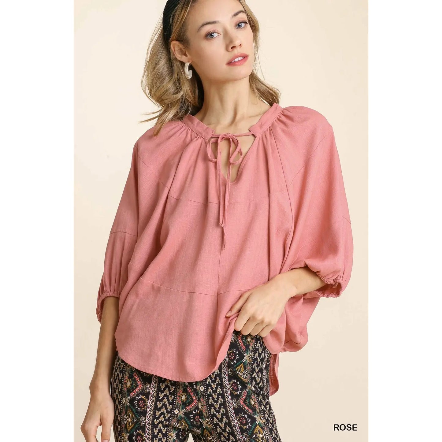 Umgee Rose Linen Blend Front Tie Top with Dolman Sleeves W/ Rounded Bottom