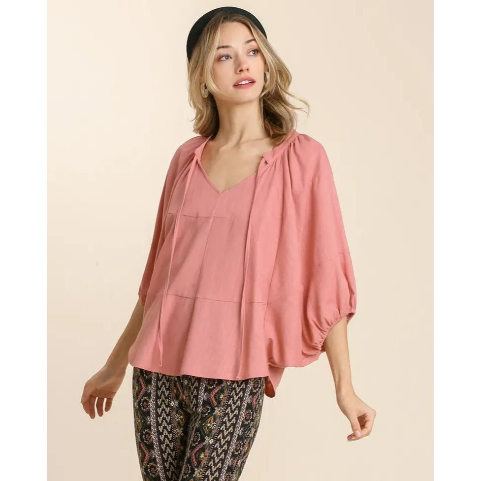 Umgee Rose Linen Blend Front Tie Top with Dolman Sleeves W/ Rounded Bottom