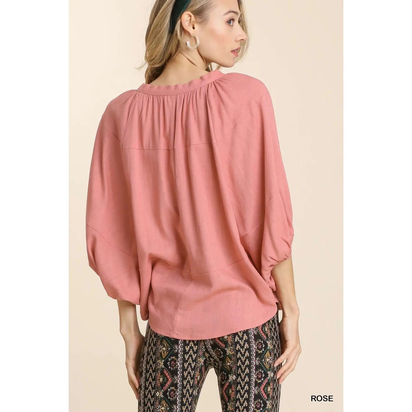 Umgee Rose Linen Blend Front Tie Top with Dolman Sleeves W/ Rounded Bottom