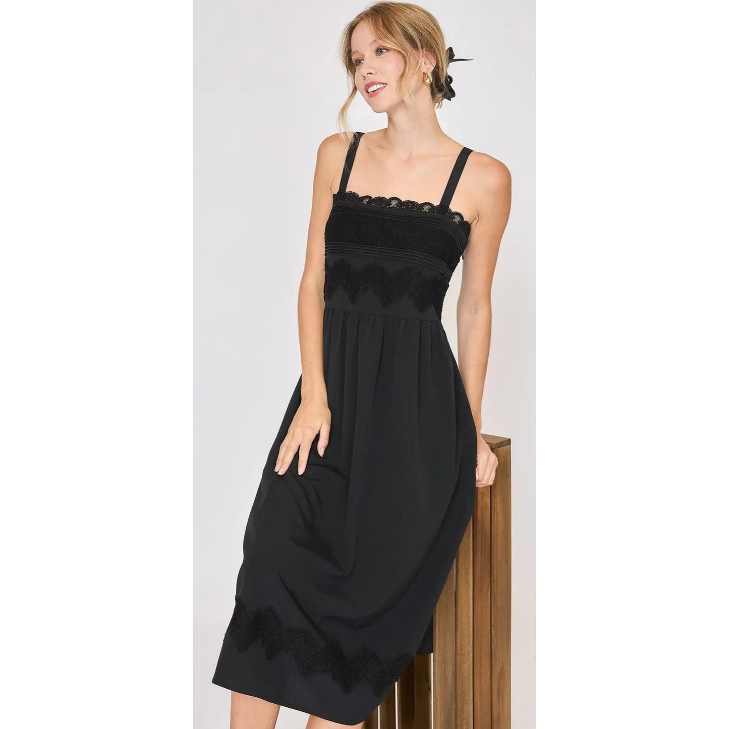 Umgee Black Sleeveless Midi Dress W/ Lace Applique