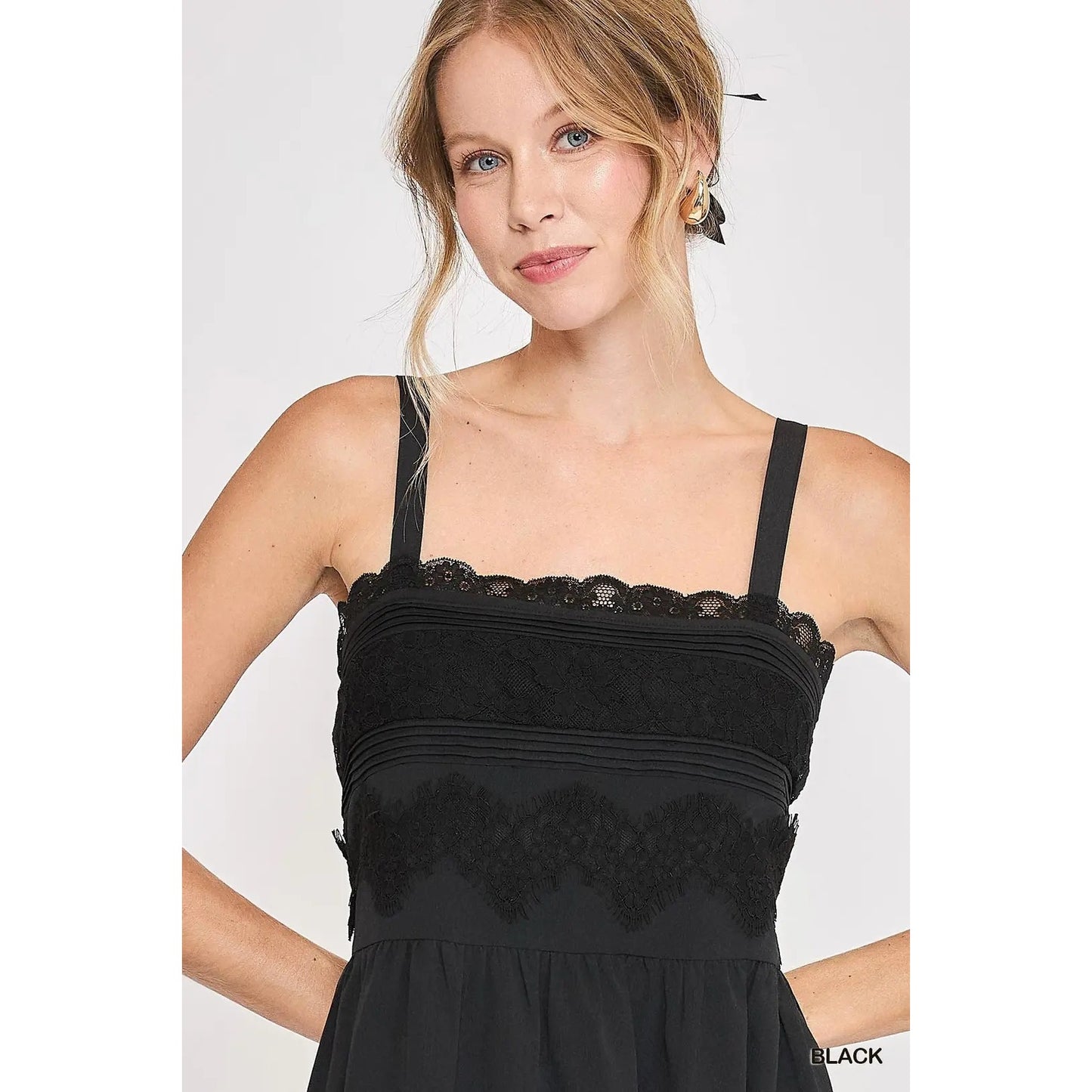 Umgee Black Sleeveless Midi Dress W/ Lace Applique