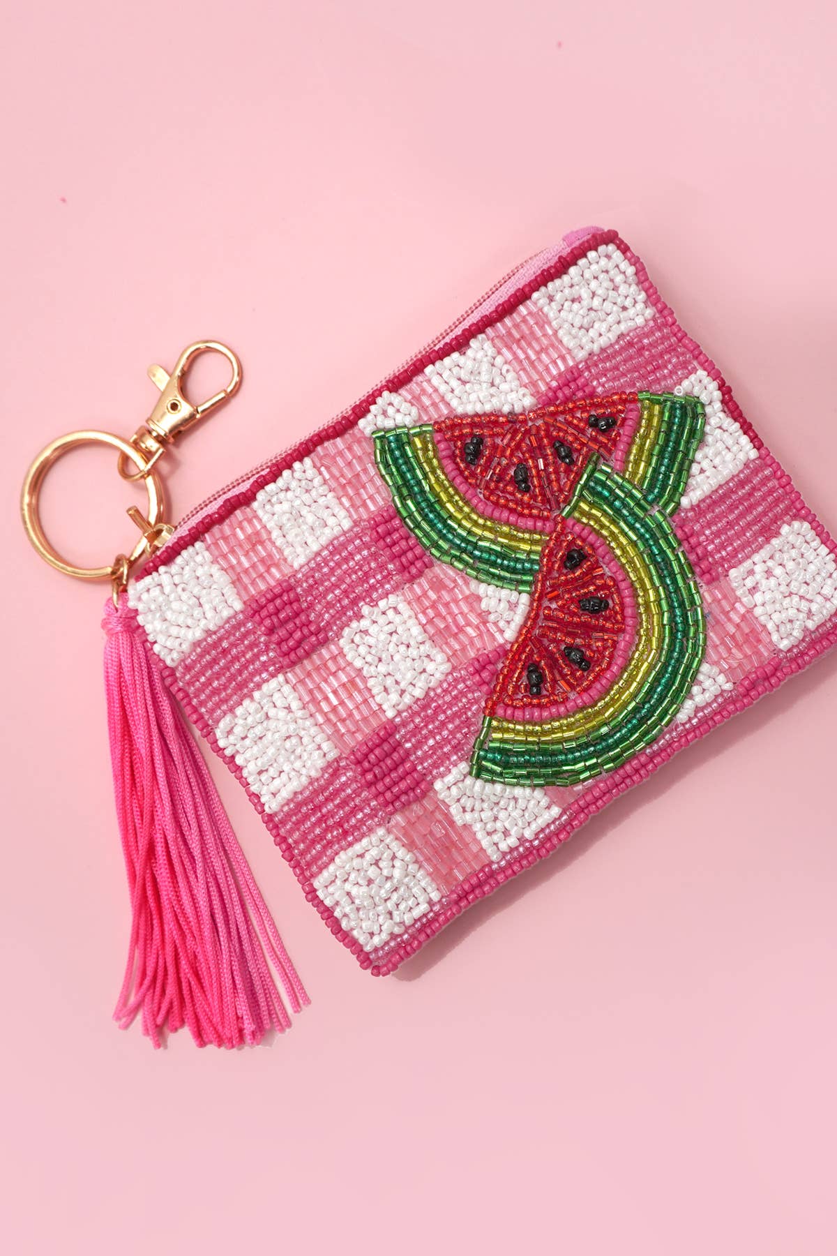 CHECKER FRUIT SEED BEAD COIN TASSEL PURSE 91CP1008: WATERMELON 1008