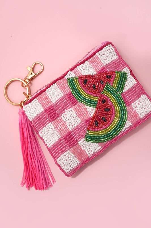CHECKER FRUIT SEED BEAD COIN TASSEL PURSE 91CP1008: WATERMELON 1008