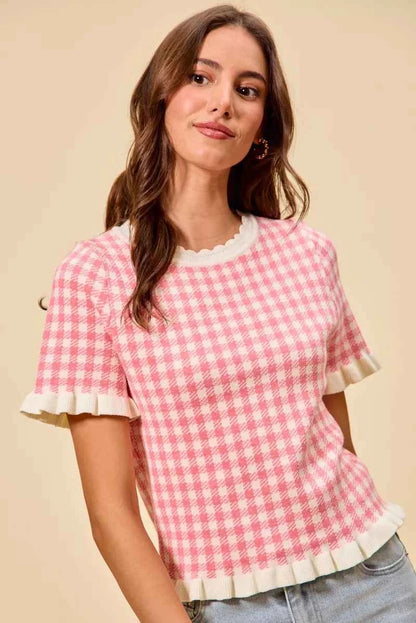 SO ME Gingham Knit Ruffled Short Sleeves Sweater Top
