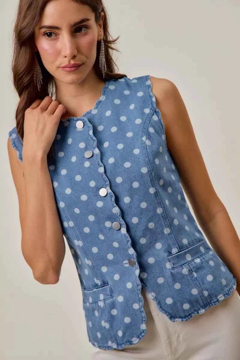 Polka Dot Denim Scallop Edge Button Down Vest Top by So Me