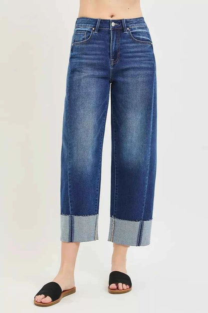 Dark Wash Full Size Slouchy Crop Barrel Cuffed Jeans Plus Size | Risen