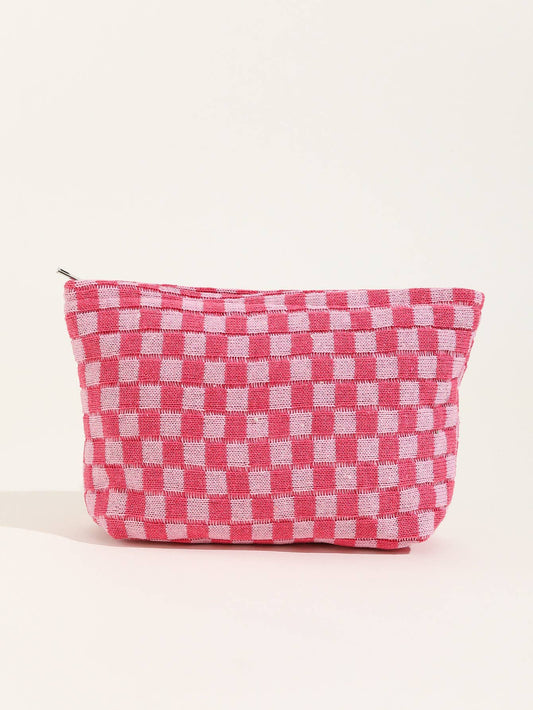 TRAVEL CHECKER MAKEUP COSMETIC POUCH BAG | 40P528: HOT PINK