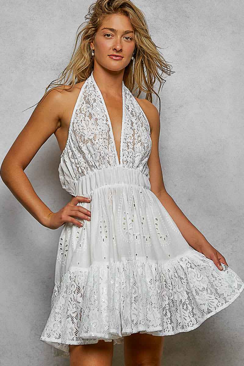 Ivory Halter Lace Patch Ruffle Mini Dress w/ Adjustable Tie Back | POL