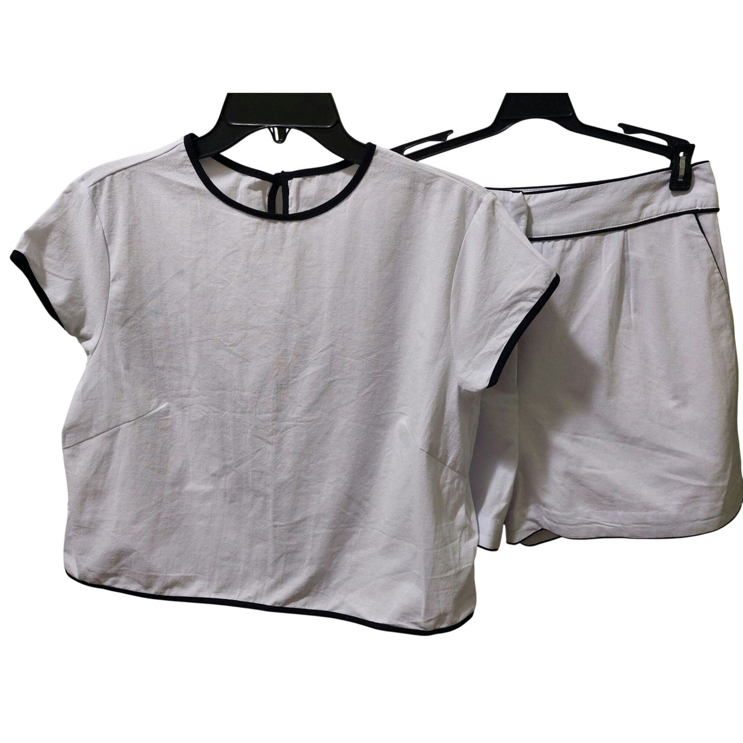 Commense Womens White & Black Trim 100% Cotton Shirt + Shorts Set Size Med.