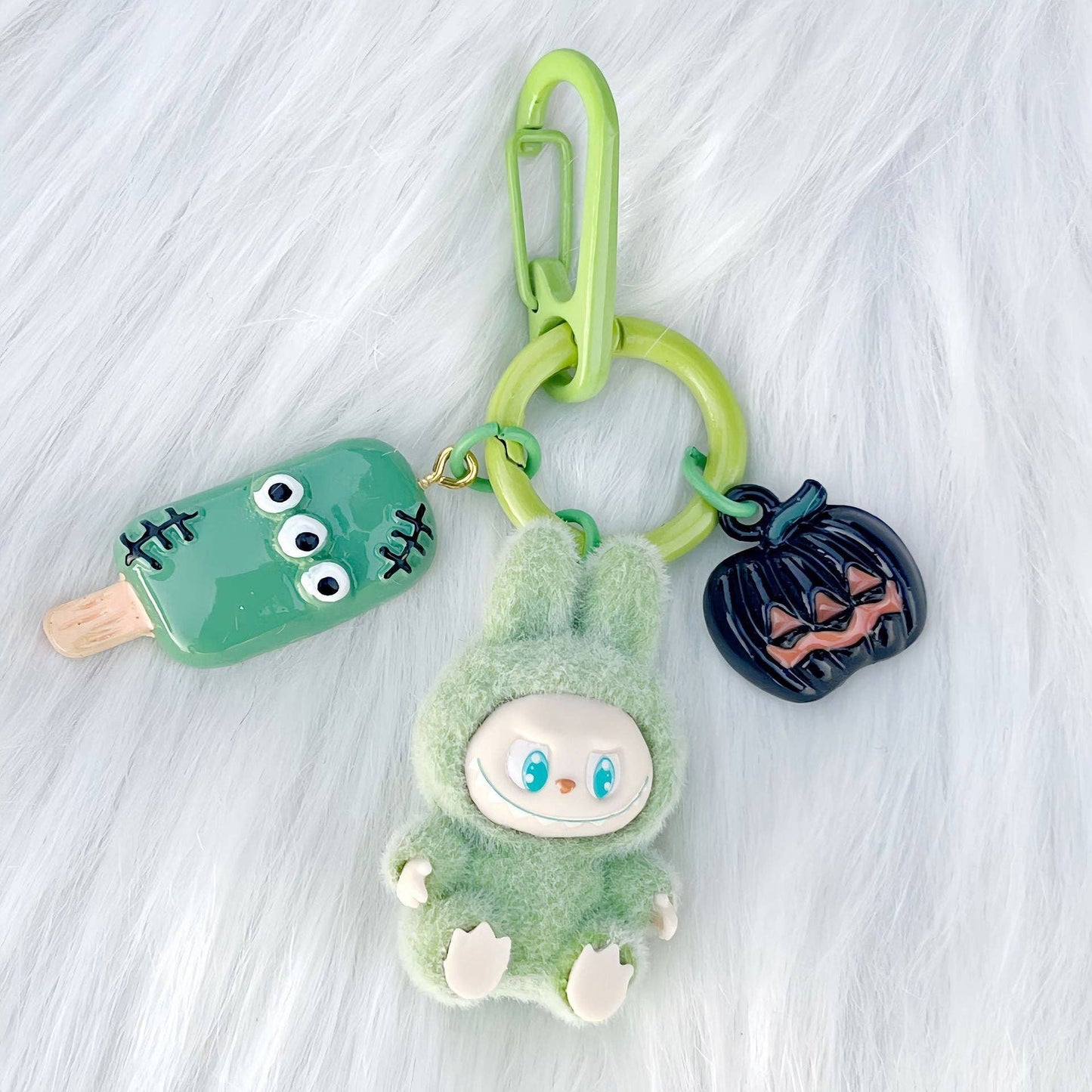 Halloween flocking mini Labubu keychain bag pendant: Gray Sitting Position
