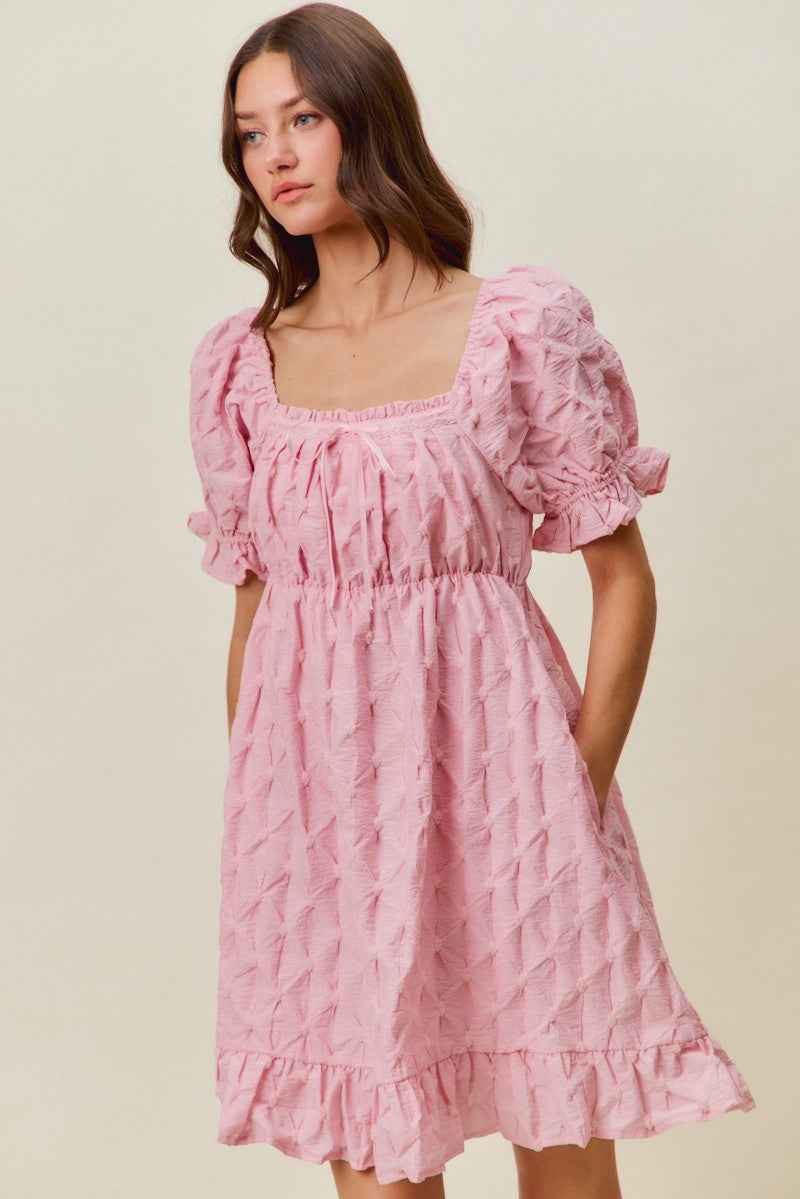 Pink Texture Woven Ruching On Bust Mini Dress by So Me