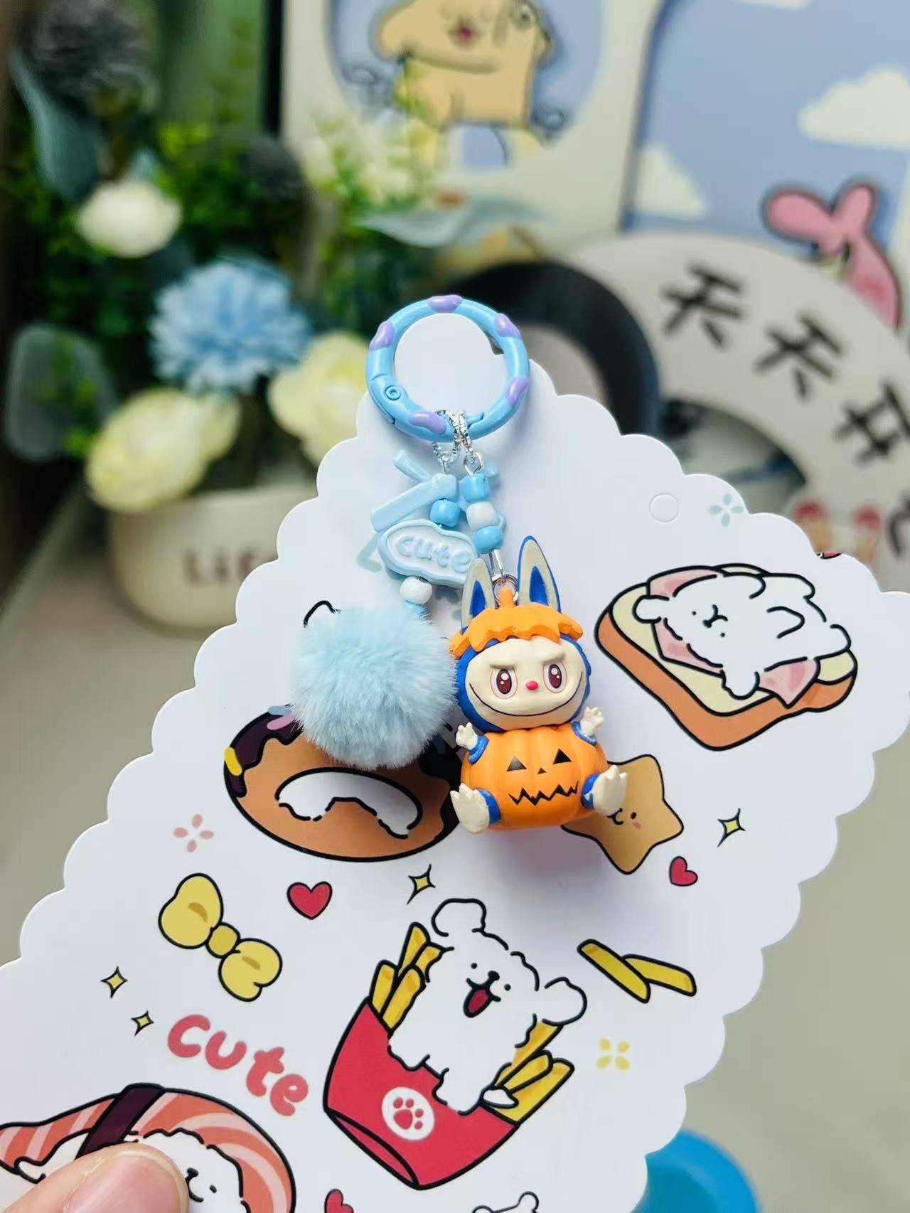 Halloween pumpkin labubu keychain bag pendant: Rose red