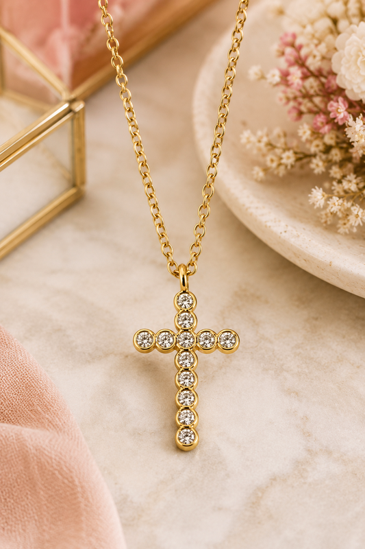 18K gold rhinestone cross necklace featuring a sparkling bezel-set cross pendant on a tarnish-free stainless steel chain.