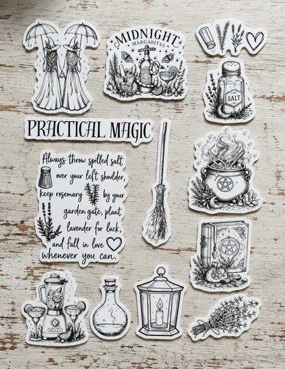 Practical Magic color-your-own sticker kit with illustrated stickers and colored pencils