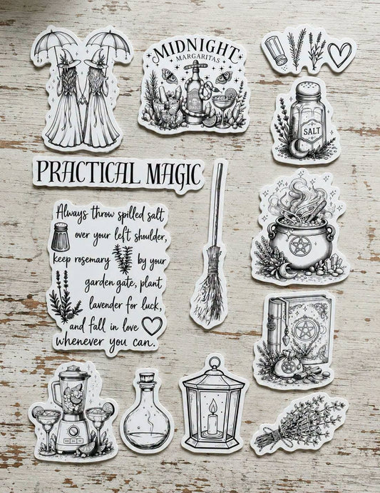 Practical Magic color-your-own sticker kit with illustrated stickers and colored pencils