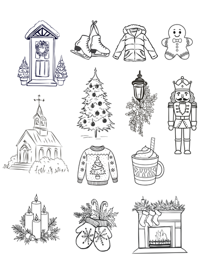 The Paper Garden Christmas color-your-own sticker kit featuring festive illustrated stickers