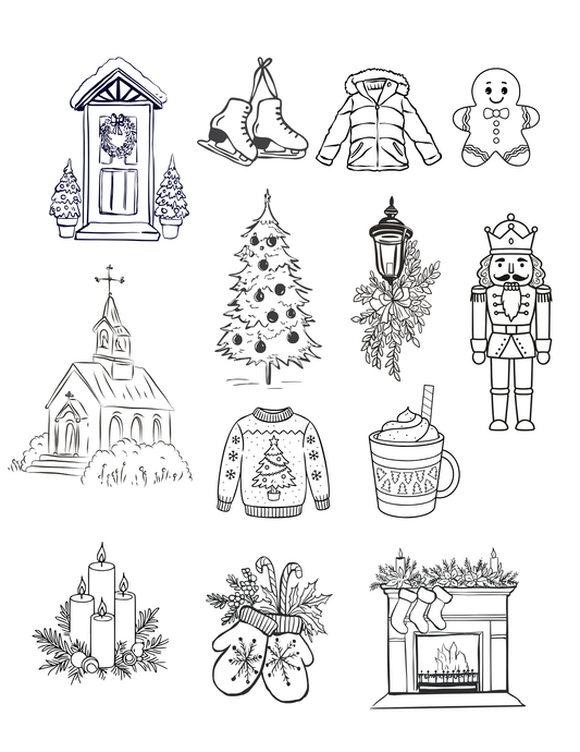 The Paper Garden Christmas color-your-own sticker kit featuring festive illustrated stickers