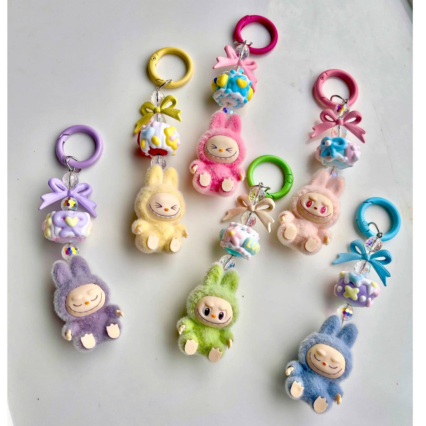 Flocked Mini Labubu candy Keychain bag pendant: Blue