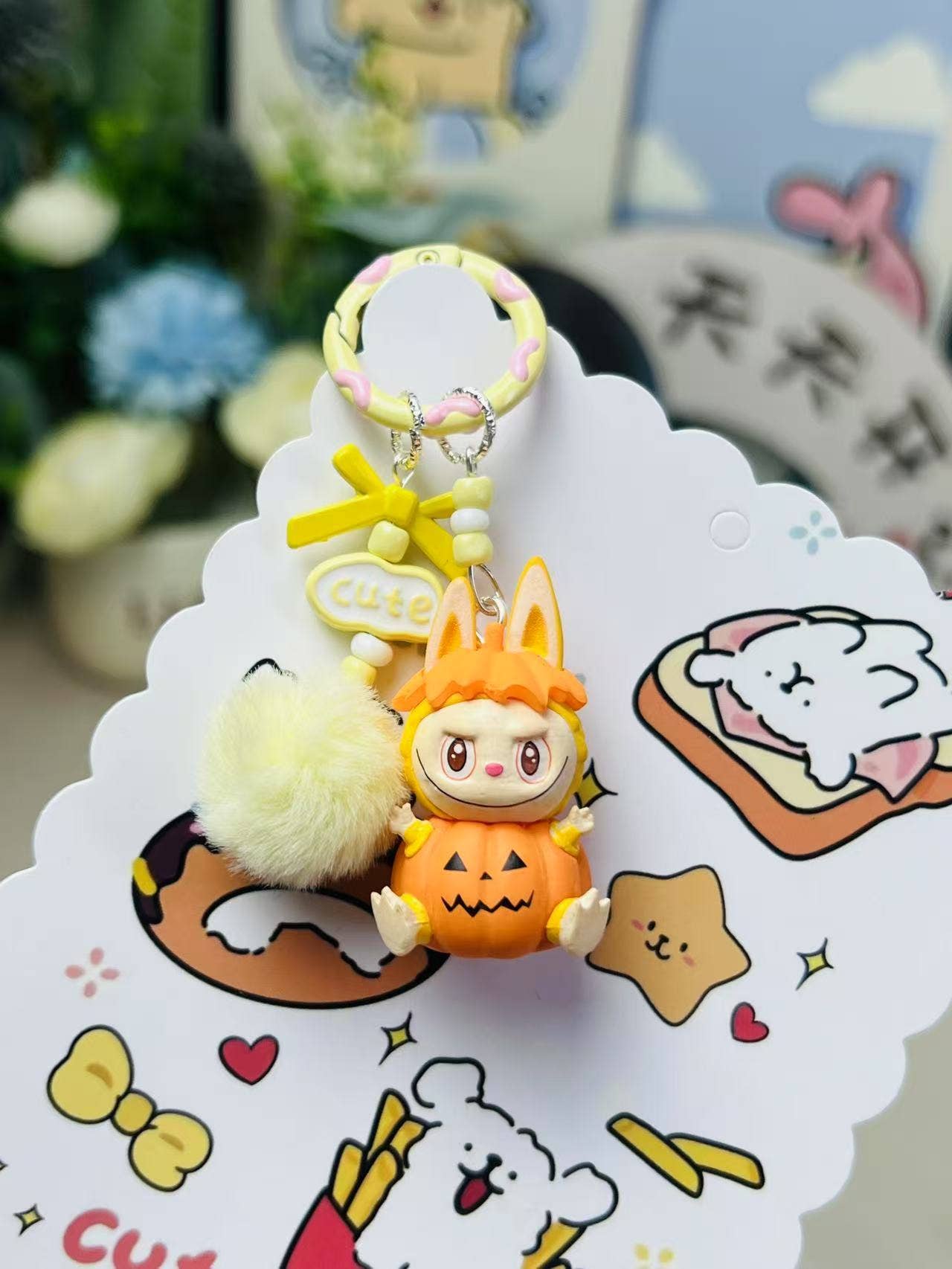 Halloween pumpkin labubu keychain bag pendant: Black flocking