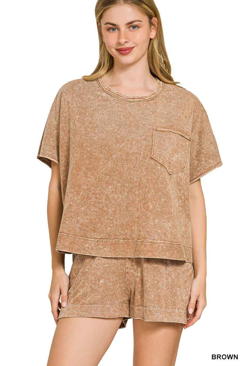 Brown Halo Snow Washed Boxy Top & Shorts Set by Zenana